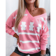 Cartoon Striped Print Long Sleeve V-Neck Top - pink