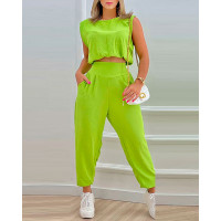 Casual Crop Tank Top & High Waist Pants Set - green