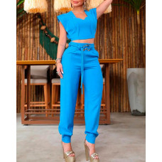 Casual Crop Top & Belted High Waist Pants Set - blue