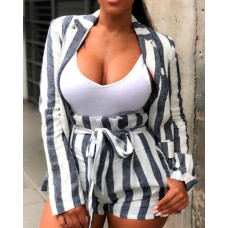 Casual Striped Blazer With Belted Shorts Sets - gray