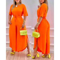 Casual T-shirt & Split Hem Wide Leg Pants Set - orange