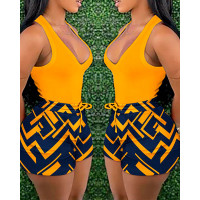 Casual Tank Top & Geometric Print Drawstring Shorts Set - yellow