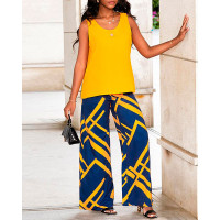 Casual Tank Top & Geometric Print Wide Leg Pants Set - yellow