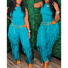 Casual Tank Top & Tassel Decor Drawstring Pants Set - Lighted Blue