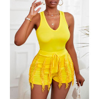 Casual Tank Top & Tassel Trim Drawstring Shorts Set - yellow