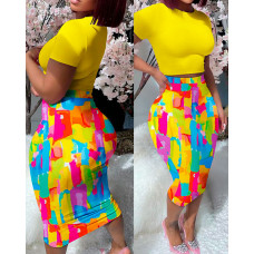 Casual Top & Melting Colors All Over Print Skirt Set - yellow