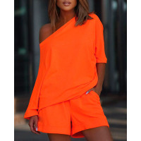 Casual Top & Pocket Detail Shorts Set - orange