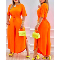 Casual Top & Split Hem Wide Leg Pants Set - orange