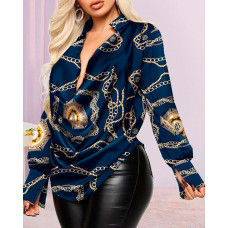 Chain Baroque Print Cowl Neck Long Sleeve Top - purplish blue