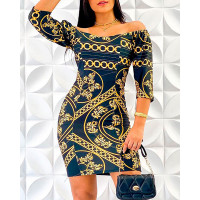 Chain Baroque Print Off Shoulder Bodycon Dress - black