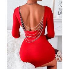 Chain Decor Backless Belted Bodycon Dress - red