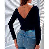 Chain Decor Backless Knit Crop Top - black