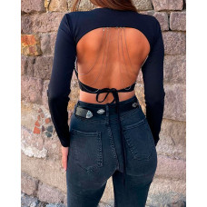 Chain Decor Backless Long Sleeve Crop Top - black