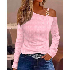 Chain Decor Cold Shoulder Bubble Textured Top - pink