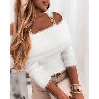 Chain Decor Cold Shoulder Fluffy Sweater - white