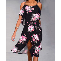 Chain Decor Cold Shoulder Slit Floral Print Dress - black