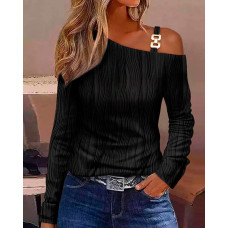 Chain Decor Cold Shoulder Textured Top - black