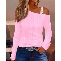 Chain Decor Cold Shoulder Textured Top - pink