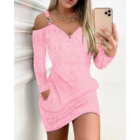 Chain Decor Cold Shoulder Zipper Design Textured Dress - pink