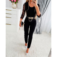 Chain Decor Contrast Lace Backless Jumpsuit - black