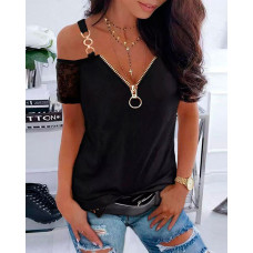 Chain Decor Contrast Lace Cold Shoulder Top - black