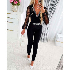 Chain Decor Contrast Mesh Long Sleeve Jumpsuit - black