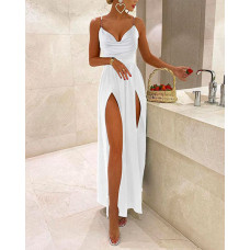 Chain Decor Cowl Neck High Slit Dress - white