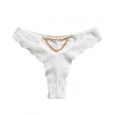 Chain Decor Crochet Lace Thong Panty - white