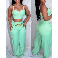 Chain Decor Crop Top & High Waist Pants Set - green