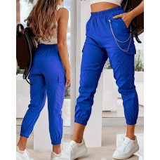 Chain Decor Cuffed Casual Pants - blue