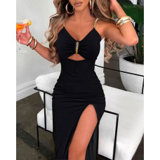 Chain Decor Cutout High Slit Dress - black