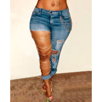 Chain Decor Cutout Ripped Denim Pants - blue