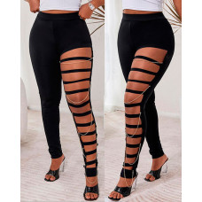 Chain Decor Cutout Skinny Pants - black