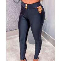 Chain Decor Cutout Skinny PU Leather Pants - black