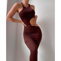 Chain Decor Cutout Sleeveless Bodycon Dress - brown