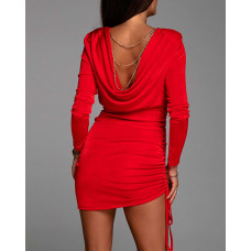 Chain Decor Draped Detail Drawstring Ruched Mini Dress - red