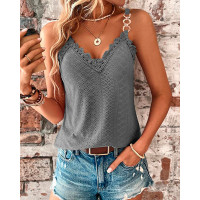 Chain Decor Eyelet Embroidery Lace Patch Tank Top - gray