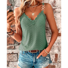 Chain Decor Eyelet Embroidery Lace Patch Tank Top - green