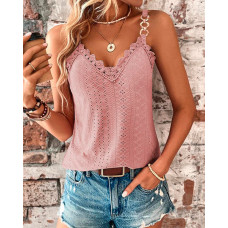 Chain Decor Eyelet Embroidery Lace Patch Tank Top - pink