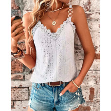 Chain Decor Eyelet Embroidery Lace Patch Tank Top - white