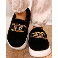 Chain Decor Fuzzy Round Toe Soft Slippers - black