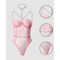 Chain Decor Halter Sheer Mesh Teddy - pink