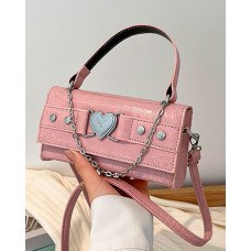 Chain Decor Heart Belted Rectangular Satchel Bag - pink