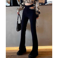 Chain Decor High Waist Cutout Flared Pants - black