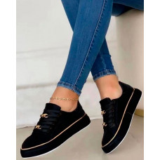 Chain Decor Lace-up Platform Casual Sports Sneakers - black