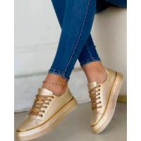 Chain Decor Lace-up Platform Casual Sports Sneakers - gold