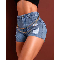 Chain Decor Ripped High Waist Denim Shorts - blue