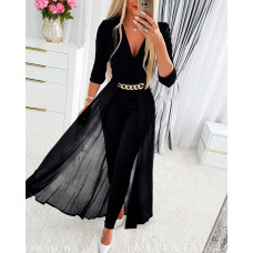 Chain Decor Sheer Mesh Overlay Long Sleeve Jumpsuit - black