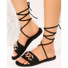 Chain Decor Square Toe Strappy Summer Beach Sandals - black