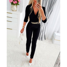 Chain Decor Surplice Neck Long Sleeve Jumpsuit - black